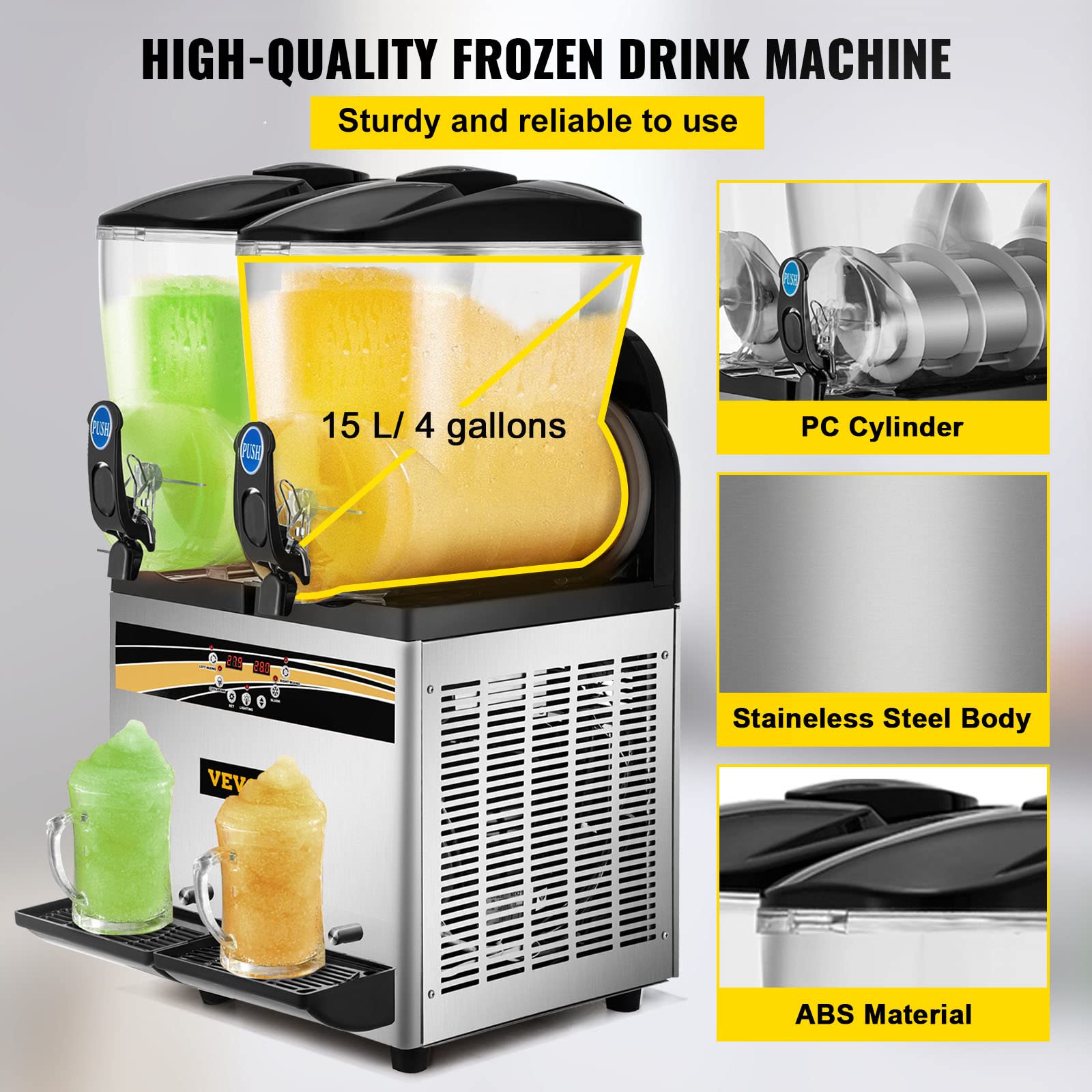 VEVOR Commercial Slushy Machine, 15Lx2 Tank Margarita Maker, 1000W Stainless Steel Smoothie Frozen Drink Maker for Supermarkets Cafés Restaurants Bars Home Use