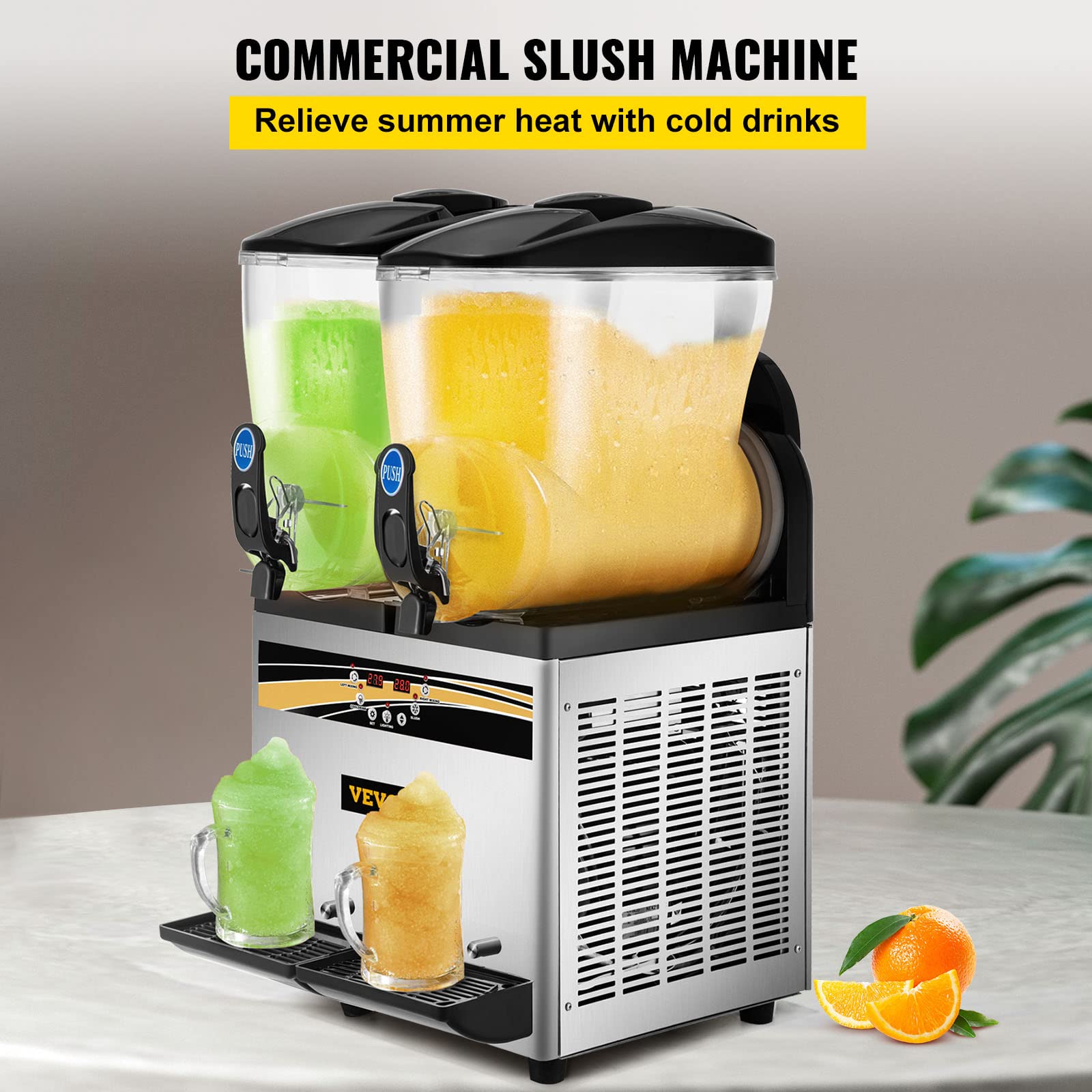 VEVOR Commercial Slushy Machine, 15Lx2 Tank Margarita Maker, 1000W Stainless Steel Smoothie Frozen Drink Maker for Supermarkets Cafés Restaurants Bars Home Use