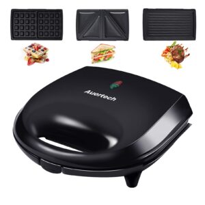 auertech sandwich maker, 3-in-1 waffle maker 800w panini press grill with detachable non-stick plates, indicator lights, cool touch handle (3 in 1)