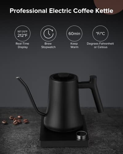 Electric Gooseneck Kettle With Variable Temperature Control, One-key Control All Functions, Pour-Over Coffee Kettle and Tea Kettle, 1200W Quick Heating, 0.8L, Built-in Stopwatch, Matte Black