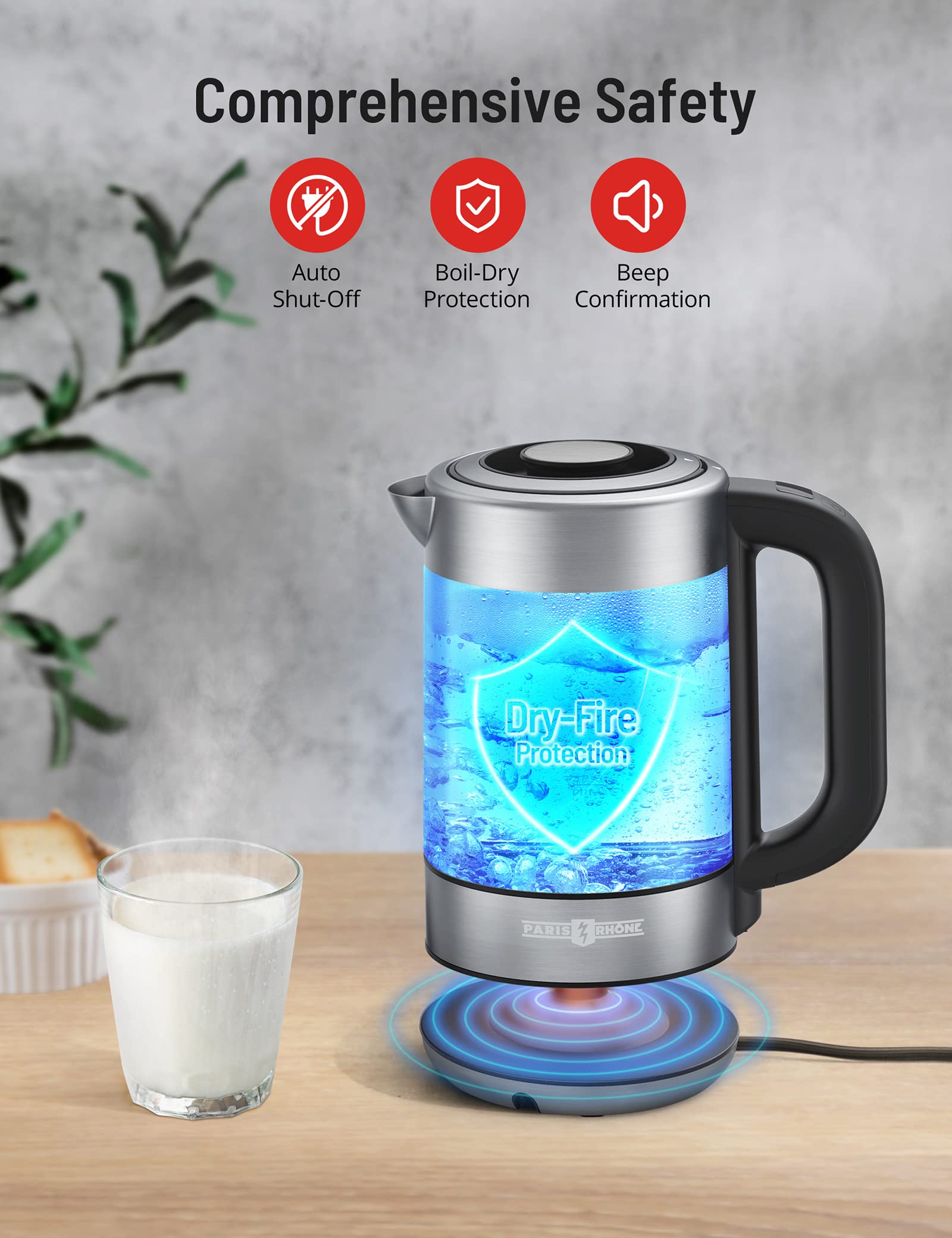 Paris Rhône Electric Kettle, Tea Kettle with 6 Temperature Settings, 1.7L Glass & Stainless Steel Heater, Touch Control, LED Screen, Keep Warm Mode, Boil-Dry Protection, for Milk, Tea, Coffee