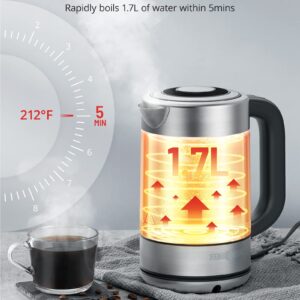 Paris Rhône Electric Kettle, Tea Kettle with 6 Temperature Settings, 1.7L Glass & Stainless Steel Heater, Touch Control, LED Screen, Keep Warm Mode, Boil-Dry Protection, for Milk, Tea, Coffee