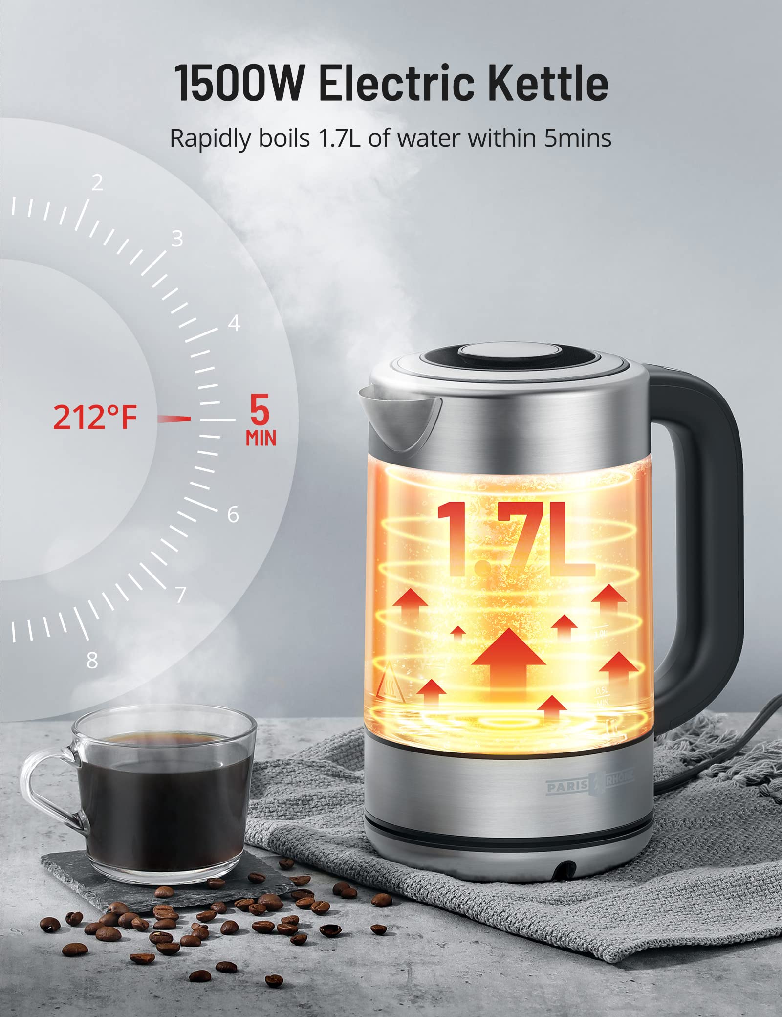 Paris Rhône Electric Kettle, Tea Kettle with 6 Temperature Settings, 1.7L Glass & Stainless Steel Heater, Touch Control, LED Screen, Keep Warm Mode, Boil-Dry Protection, for Milk, Tea, Coffee