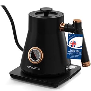 aromaster electric gooseneck kettle,pour over coffee & tea kettle,hot water kettle,1200 watt quick heating 0.8l kettle with thermometer,100% stainless steel,black
