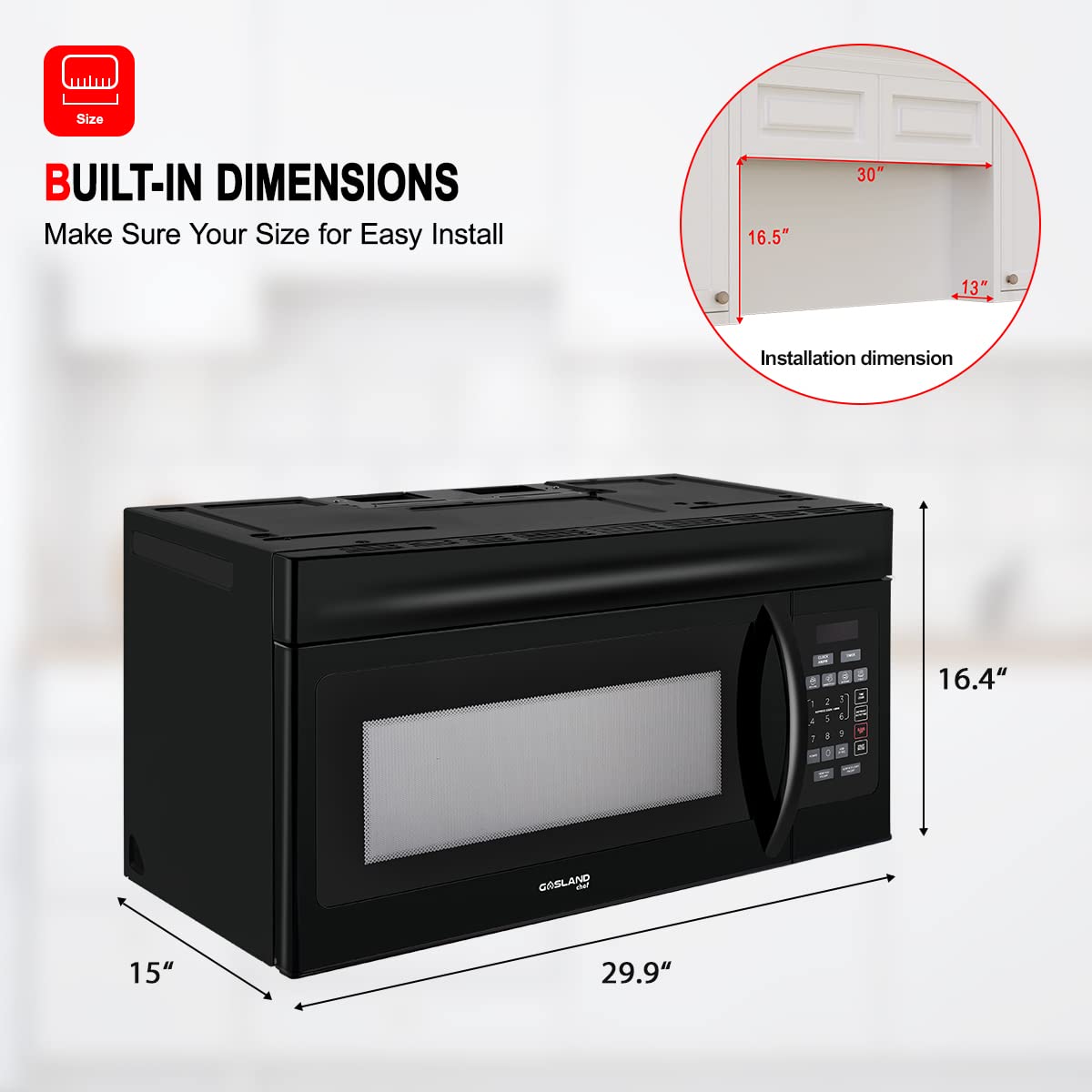 30 Inch Over-the-Range Microwave Oven, GASLAND Chef OTR1603B Over The Stove Microwave Oven with 1.6 Cu. Ft. Capacity, 1000 Watts, 300 CFM in Black, 13" Glass Turntable, 120V, Easy Clean