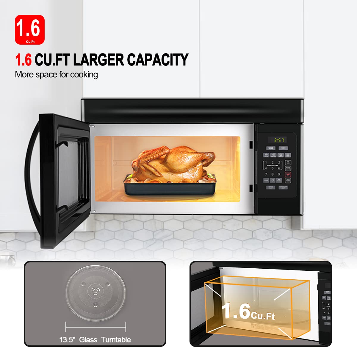 30 Inch Over-the-Range Microwave Oven, GASLAND Chef OTR1603B Over The Stove Microwave Oven with 1.6 Cu. Ft. Capacity, 1000 Watts, 300 CFM in Black, 13" Glass Turntable, 120V, Easy Clean