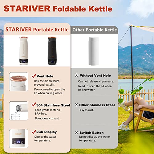 Stariver Travel Electric Kettle, 350ML Vacuum Insulated Stainless Steel Water Bottle with 4 Temperature Control, Portable Electric Tea Kettle, BPA-Free Small Electric Kettle with Keep Warm & Fast Boil