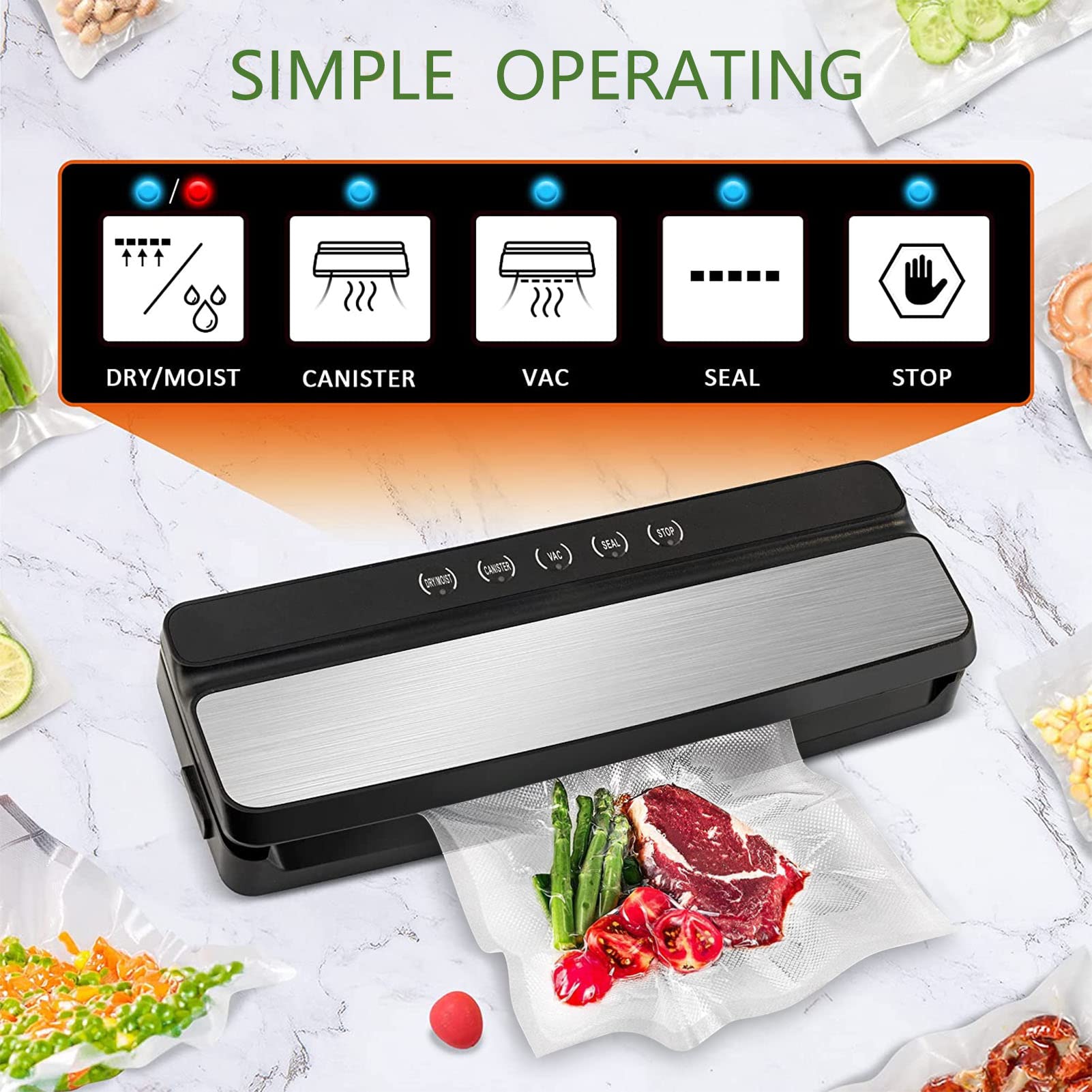 Vacuum Sealer Machine, Automatic Vacuum Sealer Machine with 5-in-1 Easy Options, Vacuum Sealer for Food with 10pcs Vacuum Seal Bags