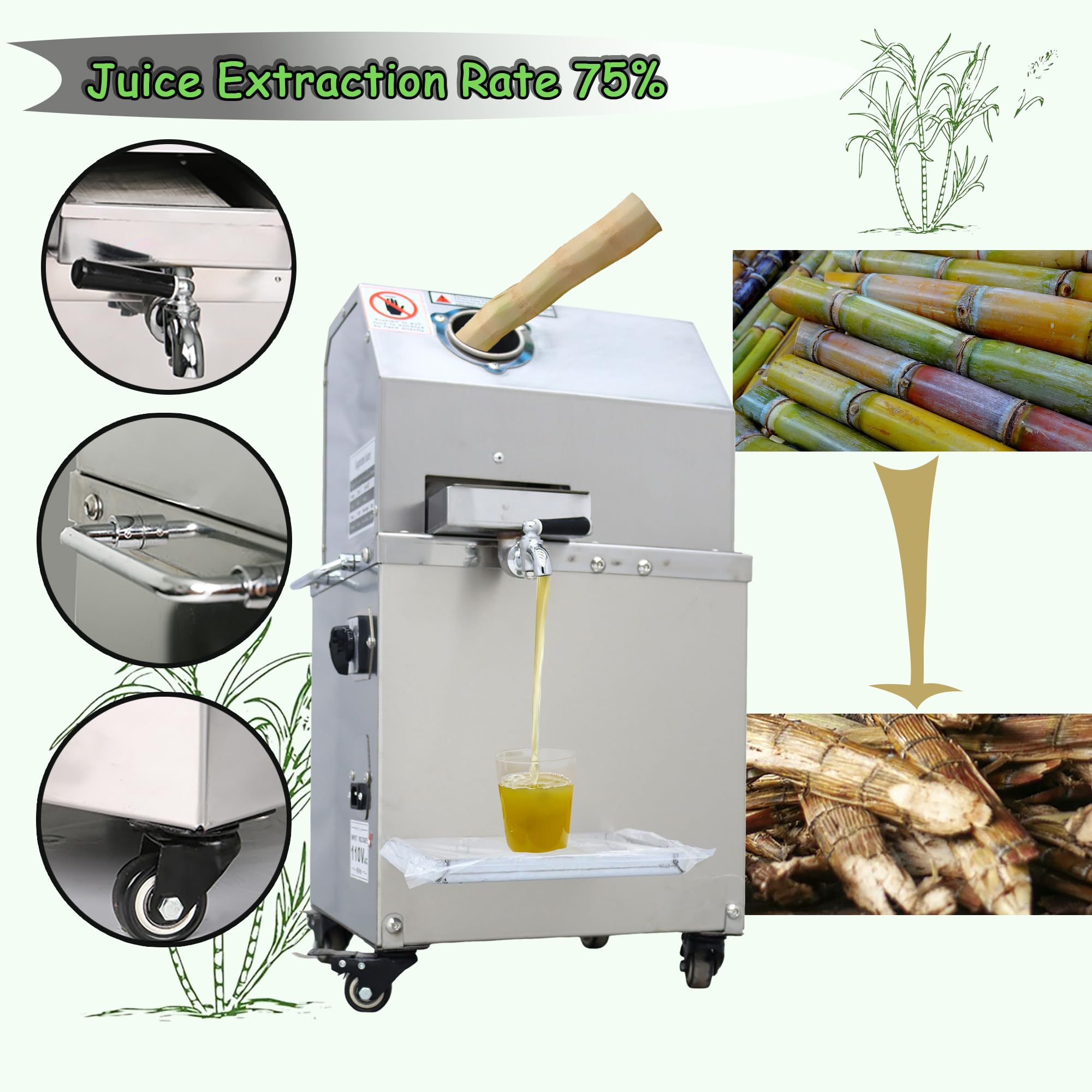 INTSUPERMAI Commercial Sugar Cane Press Juicer Machine with Cleaning Port 304 Stainless Steel Rollers Three Rollers Sugarcane Juice Extractor for Commercial Home Use 110V 750W