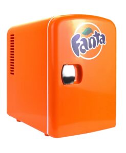 coca-cola fanta 4l cooler/warmer w/ 12v dc and 110v ac cords, 6 can portable mini fridge, personal travel refrigerator for snacks lunch drinks cosmetics, desk home office dorm, orange