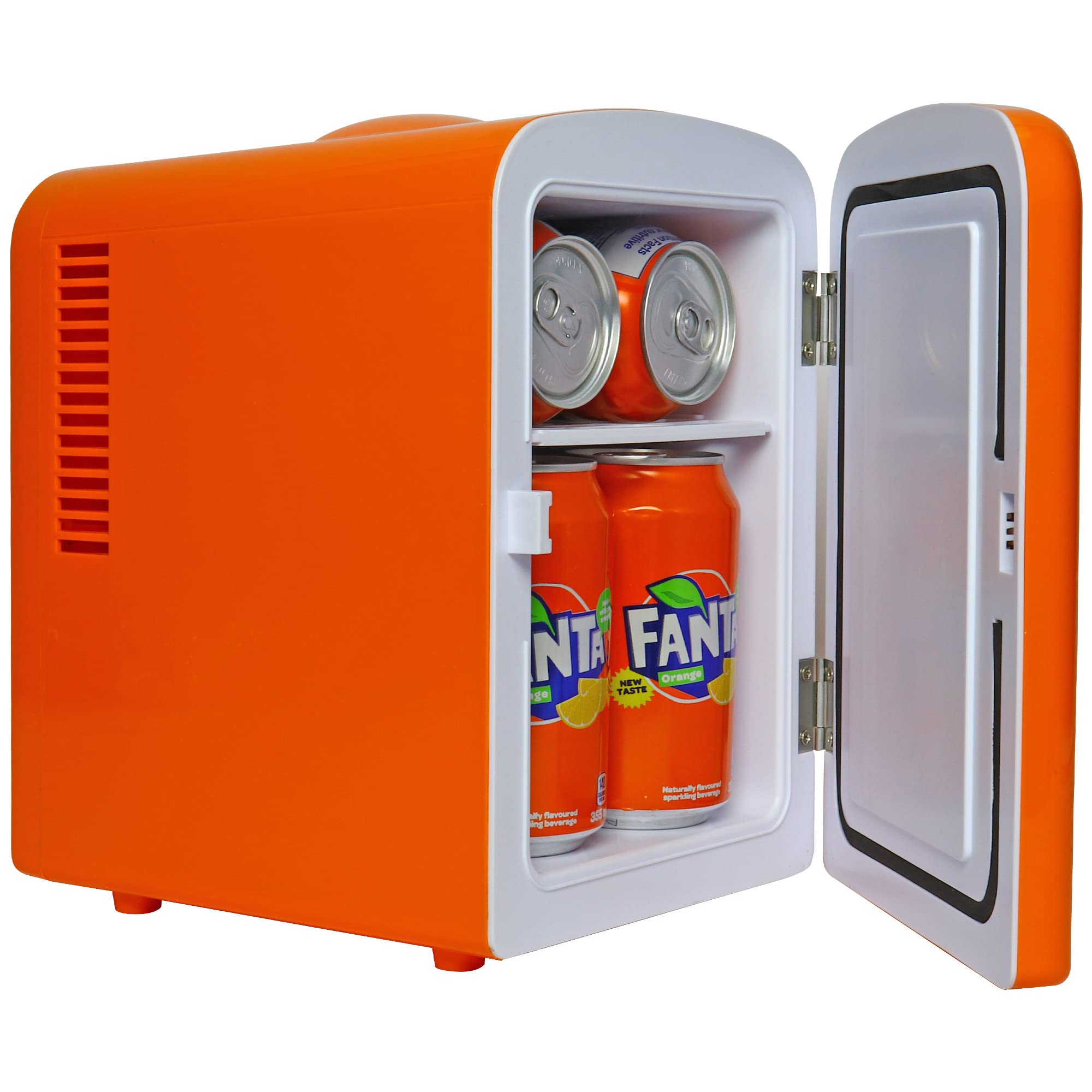 Coca-Cola Fanta 4L Cooler/Warmer w/ 12V DC and 110V AC Cords, 6 Can Portable Mini Fridge, Personal Travel Refrigerator for Snacks Lunch Drinks Cosmetics, Desk Home Office Dorm, Orange