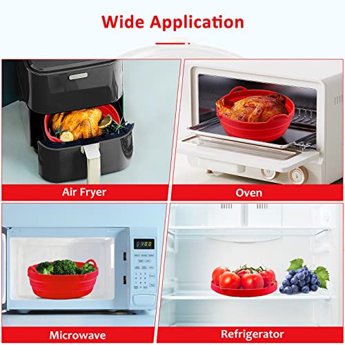 Air fryer Silicone Liners Reusable, 7.5IN Air Fryer Silicone Pot, Foldable Silicone Air Fryer Basket with Silicone Oven Mitts （Red）