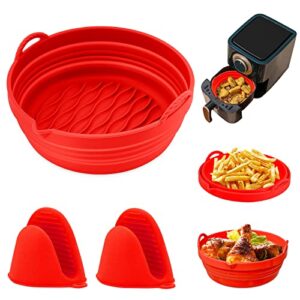 air fryer silicone liners reusable, 7.5in air fryer silicone pot, foldable silicone air fryer basket with silicone oven mitts （red）