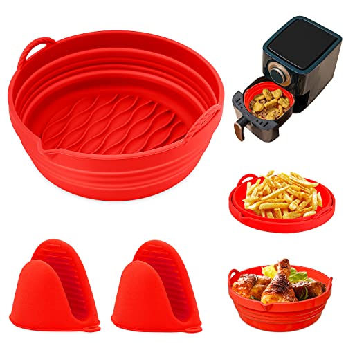 Air fryer Silicone Liners Reusable, 7.5IN Air Fryer Silicone Pot, Foldable Silicone Air Fryer Basket with Silicone Oven Mitts （Red）