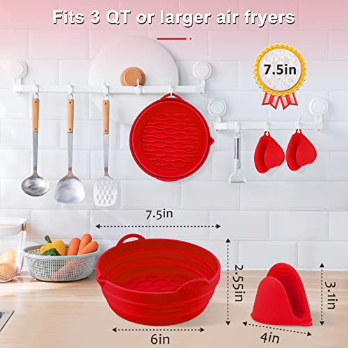 Air fryer Silicone Liners Reusable, 7.5IN Air Fryer Silicone Pot, Foldable Silicone Air Fryer Basket with Silicone Oven Mitts （Red）