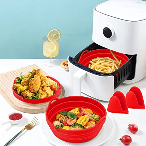 Air fryer Silicone Liners Reusable, 7.5IN Air Fryer Silicone Pot, Foldable Silicone Air Fryer Basket with Silicone Oven Mitts （Red）