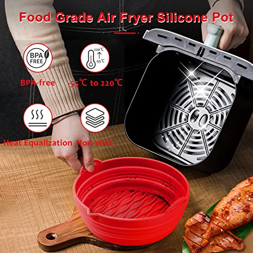 Air fryer Silicone Liners Reusable, 7.5IN Air Fryer Silicone Pot, Foldable Silicone Air Fryer Basket with Silicone Oven Mitts （Red）