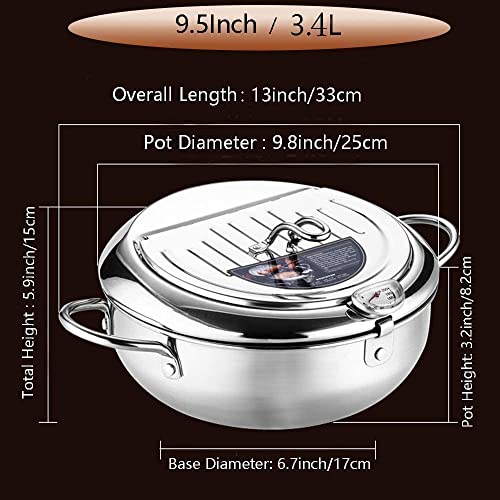 Deep Fryer Pot, 3.4L Tempura Deep Frying Pot 304 Stainless Steel with Temperature Control and Oil Filter Rack for French Fries and Chicken(9.5inch）