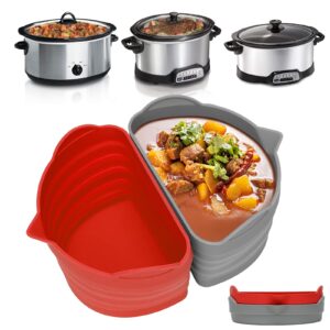 mmh slow cooker divider liner fit for crockpot & hamilton beach 6-7 quart, silicone crock pot cooking liners inserts | reusable & leakproof | bpa free | dishwasher safe | red+gray