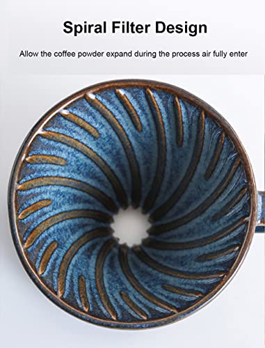 Ceramic Coffee Dripper Filter 60 Angle Tapered 02-4Cup Pour Over Coffee Ceramic Hand Brew Coffee Cup Retro Filter Set Reusable Portable Coffee Maker (2/4 People Large - Sky Blue)