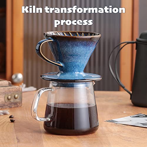 Ceramic Coffee Dripper Filter 60 Angle Tapered 02-4Cup Pour Over Coffee Ceramic Hand Brew Coffee Cup Retro Filter Set Reusable Portable Coffee Maker (2/4 People Large - Sky Blue)