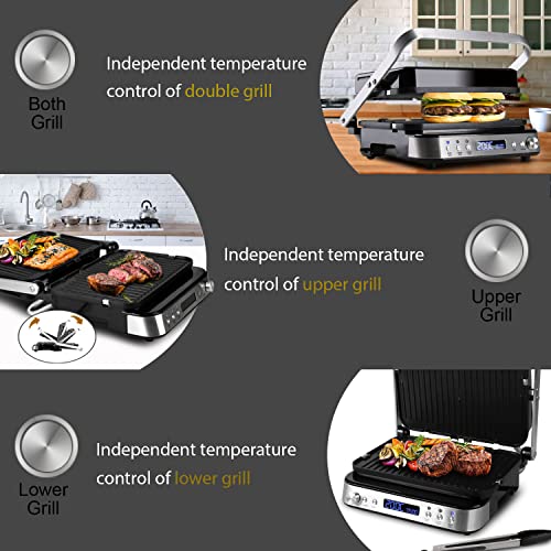 Artestia 6 IN 1 Indoor Grill, Panini Press Sandwich Maker with Independant Temperature Control Electric Grill Indoor Smokeless Panini Grill, Dishwasher Safe Reversible Plates, 1600W, PFAS-Free