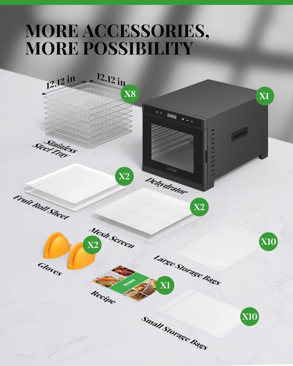 Stainless Steel GDOR Food Dehydrator with 8 Trays, Digital Adjustable Timer & Tempe Control Food Dryer Machine for Jerky, Vegetable, Fruit, Meat, Dog Treat, Herb, and Yogurt, Include More Accessories