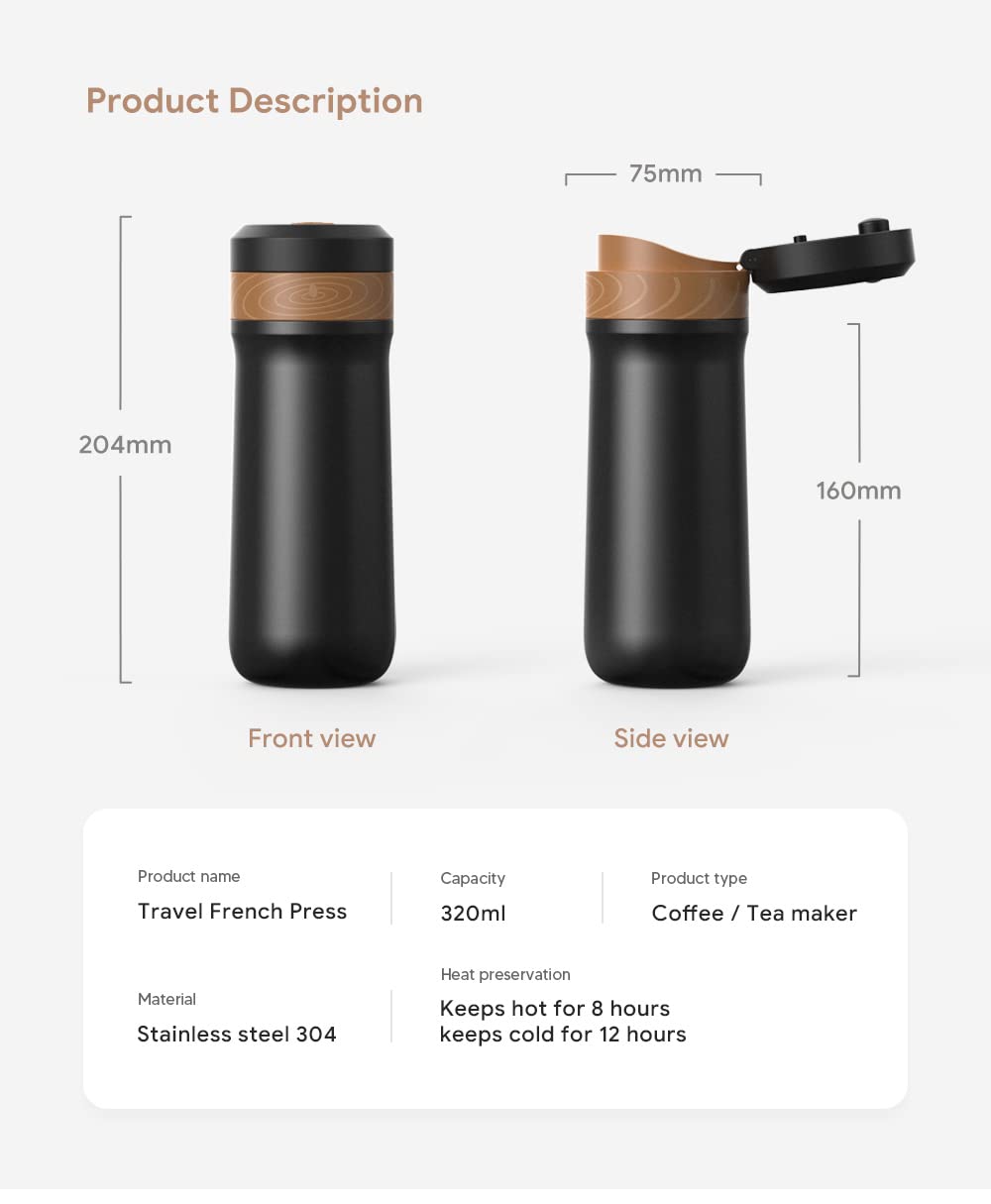 BENFUCHEN Portable French Press Coffee Maker Car-Go Vacuum Insulated Travel Bottle Mug, Hot/Cold Brew Coffee Press With Four-Layer Unique Filter Mesh Stainless Steel Tea Press Single Serve