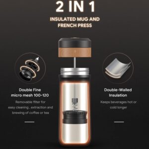 BENFUCHEN Portable French Press Coffee Maker Car-Go Vacuum Insulated Travel Bottle Mug, Hot/Cold Brew Coffee Press With Four-Layer Unique Filter Mesh Stainless Steel Tea Press Single Serve