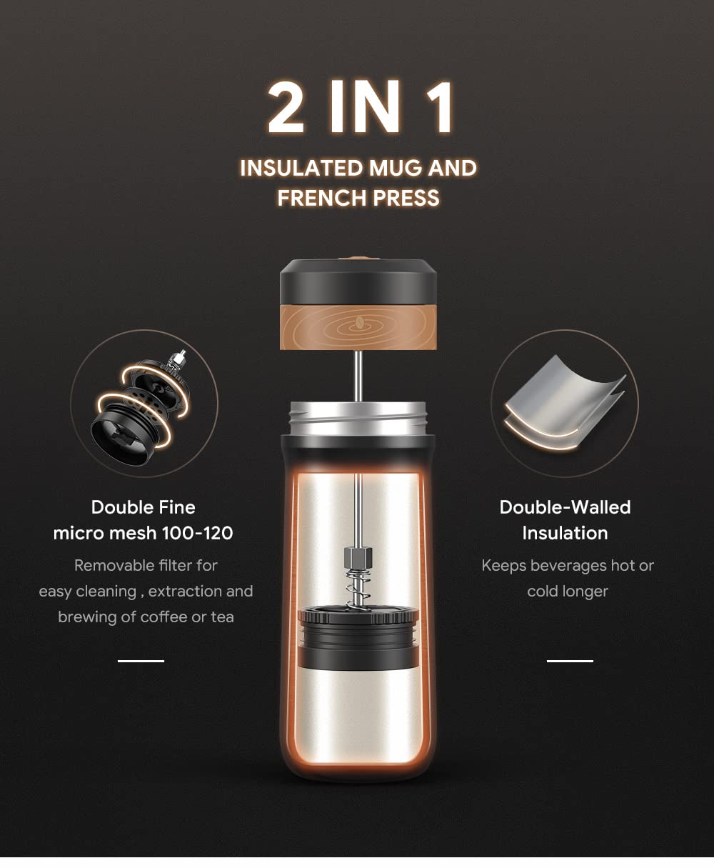 BENFUCHEN Portable French Press Coffee Maker Car-Go Vacuum Insulated Travel Bottle Mug, Hot/Cold Brew Coffee Press With Four-Layer Unique Filter Mesh Stainless Steel Tea Press Single Serve