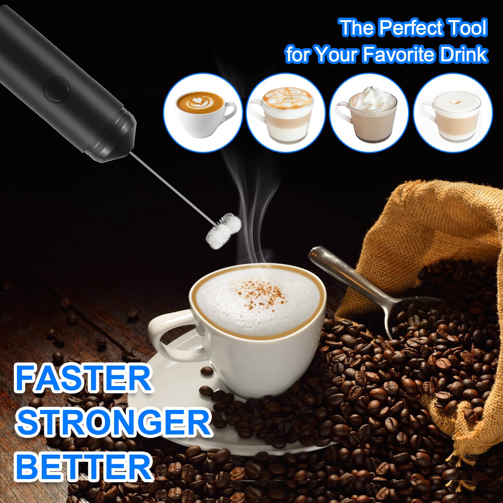 Milk Frother, Maker for Coffee, Latte, Cappuccino, Hot Chocolate, Durable Mini Drink Mixer With Stainless Steel, Black