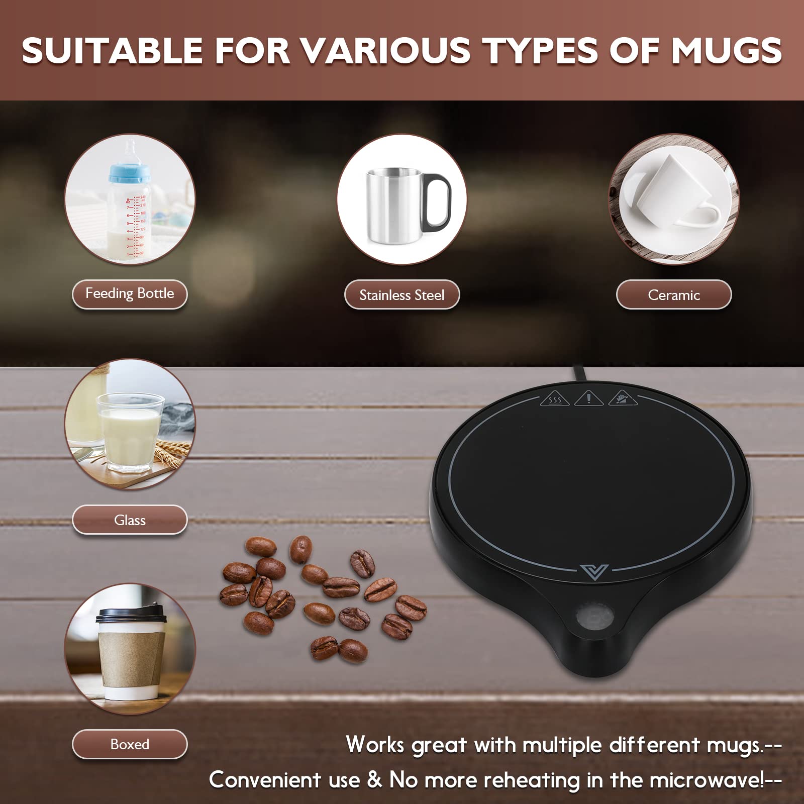 200W Coffee Mug Warmer for Desk (Up to 212 ℉) with Pressure-Induced Auto On/Off, 5 Temperature Levels, Coffee Cup Warmer for Heating Coffee, Milk, Tea, Hot Chocolate, etc.(No Cup)(Black, RD01)