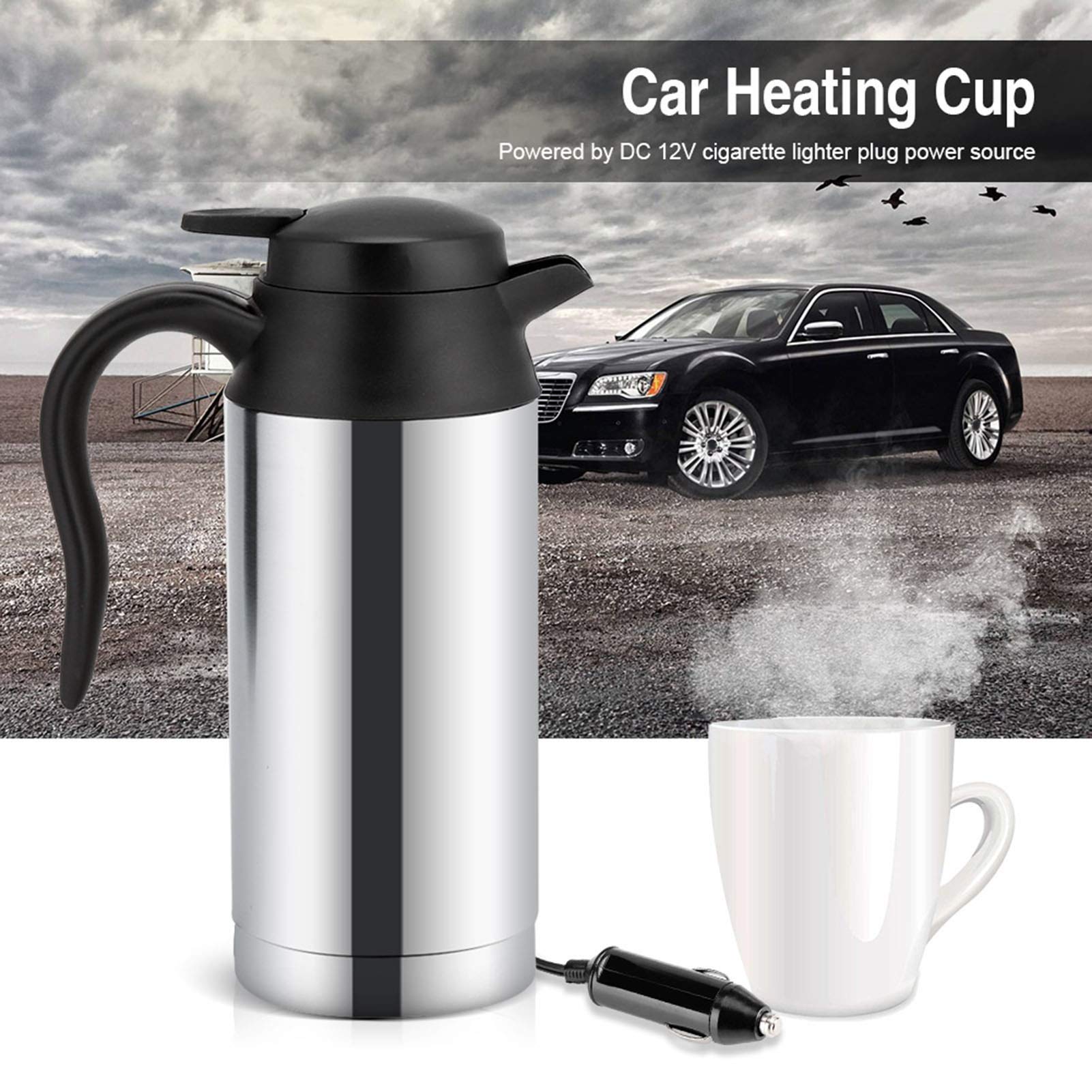 12V 750ml Stainless Steel Car Electric Heating Mug Drinking Cup Travel Kettle Water Boiler for Water Tea Coffee Milk