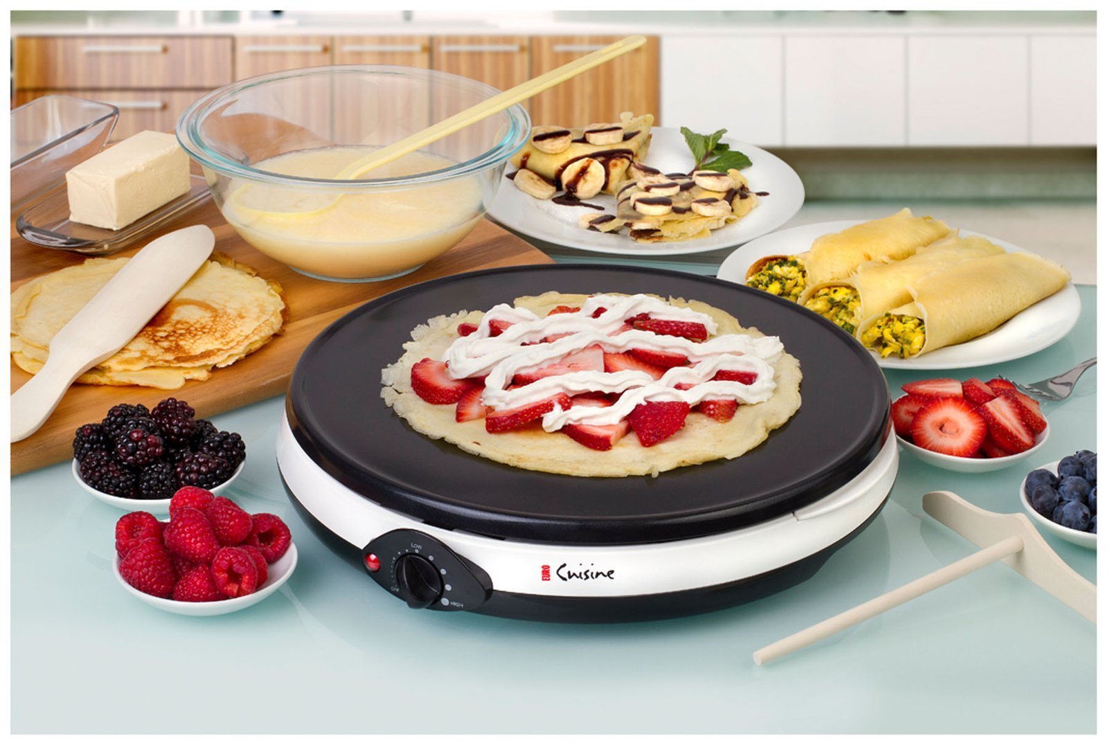 Euro Cuisine CM20 Electric Crepe Maker, 12-Inch Non-Stick Pancake Dosa Maker Machine, Electric Pancake Griddle Crepe Pan with Accessories