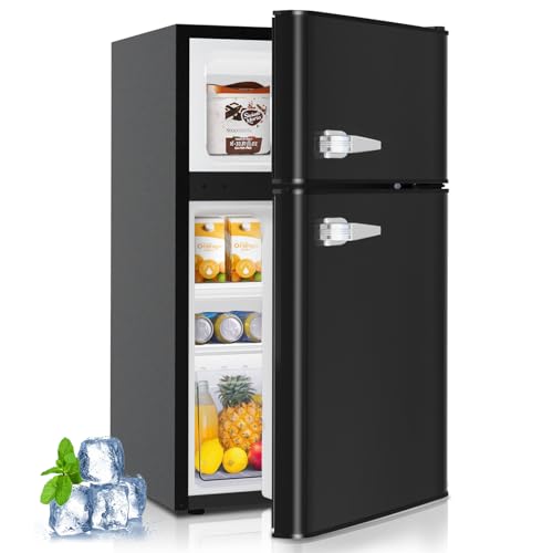 Kismile Mini fridge with freezer,3.2 Cu.Ft Compact Mini Refrigerator with Double 2 door,Adjustable Temperature,Full Size for Home,Kitchen,Dorm,Apartment,Retro Black