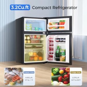Kismile Mini fridge with freezer,3.2 Cu.Ft Compact Mini Refrigerator with Double 2 door,Adjustable Temperature,Full Size for Home,Kitchen,Dorm,Apartment,Retro Black