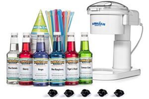 hawaiian shaved ice snow cone machine package with 6 flavoring syrups and party ready accessories