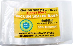 50 gallon size zipper vacuum sealer bags (11" x 16") outofair vacuum seal zip bags, works with foodsaver & other savers, 33% thicker bpa free commercial grade great for snacks on the go