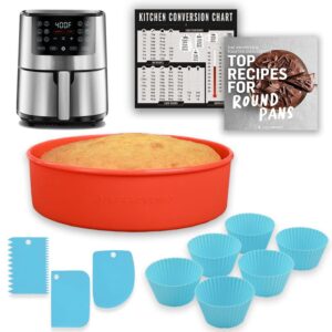 air fryer silicone cake pans for baking, 7.5 inch large airfryer bakeware set with muffin cups, scrapers, magnetic conversion chart, fits ninja, instant pot, chefman, dash, bpa free