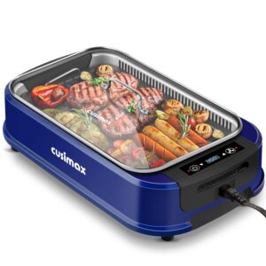 smokeless grill indoor, cusimax electric grill, 1500w indoor grill, portable korean bbq grill with led smart display & tempered glass lid, non-stick removable plate, preferred for family parties