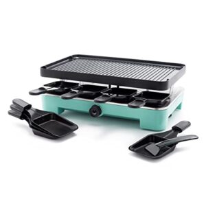 greenlife raclette indoor tabletop grill, healthy ceramic nonstick, 2-in-1 grill and griddle, 8 square nonstick pans, adjustable temperature control, easy indicator light, pfas-free, turquoise