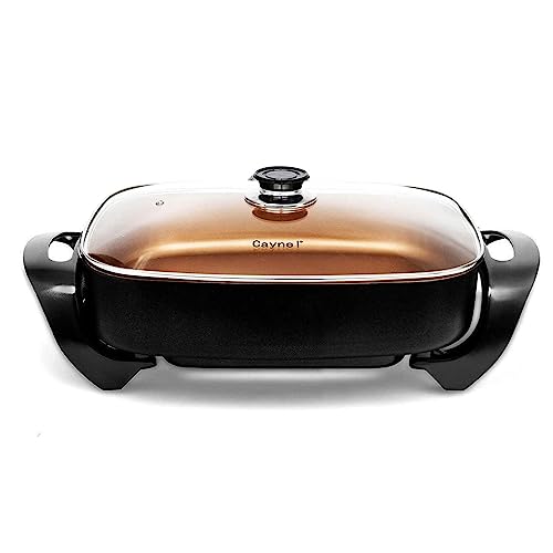 Caynel Professional Non-stick Copper Electric Skillet Jumbo, Deep Dish with Tempered Glass Vented Lid, Upgrade Thermostat, 16”x 12”x 3.15”- 8 quart, Copper (Copper)