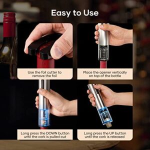 Crenova 6-in-1 Wine Opener Electric Rechargeable Automatic Corkscrew Bottle Opener set with Vacuum Stopper, Aerator Pourer, Foil Cutter, Display Base & USB Charging Cable, Silver