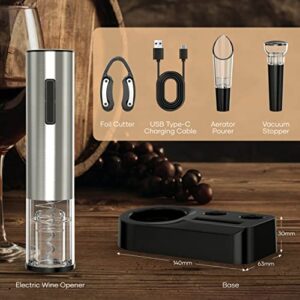 Crenova 6-in-1 Wine Opener Electric Rechargeable Automatic Corkscrew Bottle Opener set with Vacuum Stopper, Aerator Pourer, Foil Cutter, Display Base & USB Charging Cable, Silver