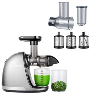 amzchef slow masticating juicer bundled with slicer shredder attachments, cold press juicer with silent motor and reverse function,3 interchangeable blades for juicing and shredding cheese