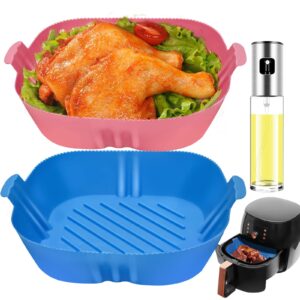 air fryer silicone liners square - 8 inch reusable silicone air fryer liners 2 pack with oil sprayer for cooking food safe for 4 to 7 qt air fryer basket oven accessories