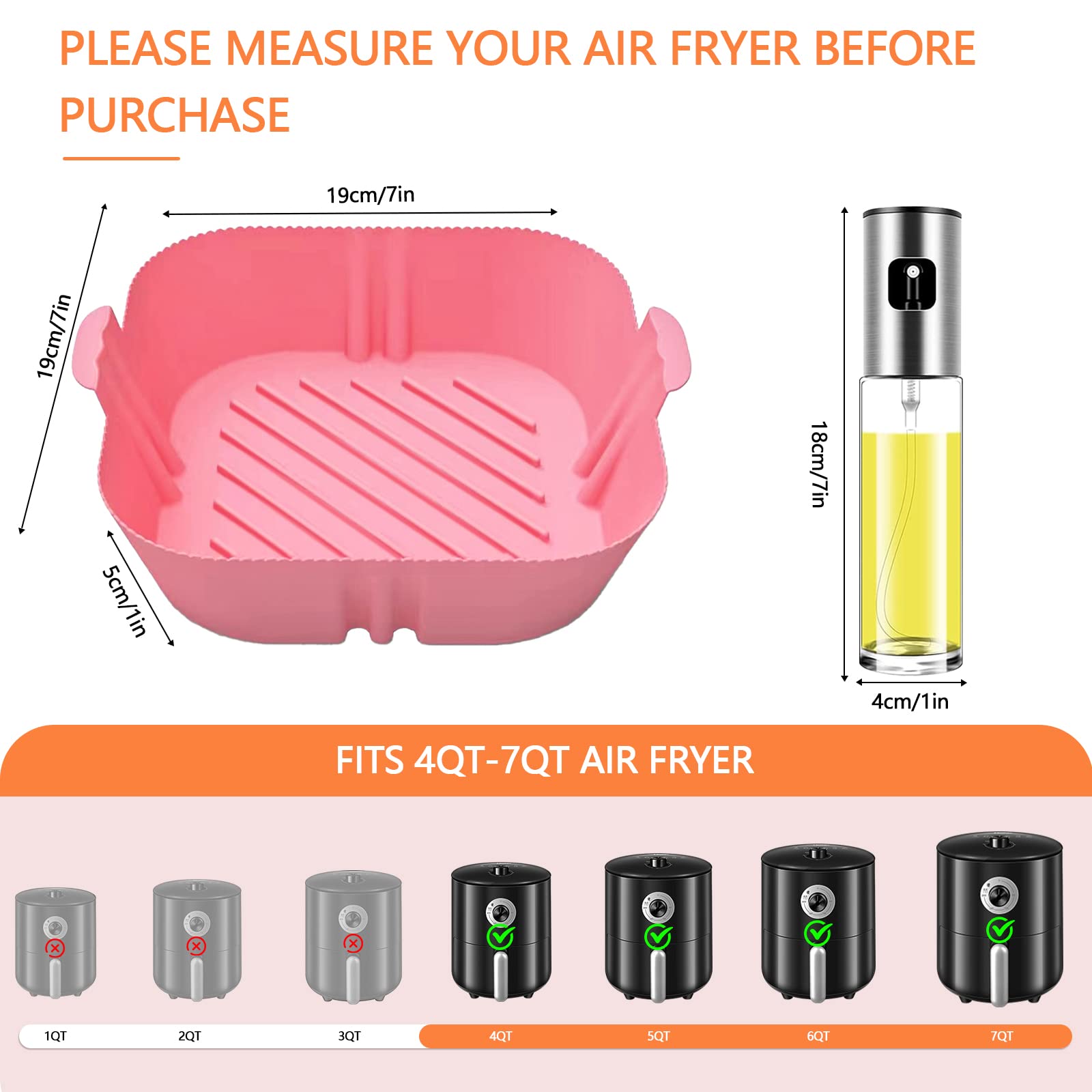 Air Fryer Silicone Liners Square - 8 Inch Reusable Silicone Air Fryer Liners 2 Pack with Oil Sprayer for Cooking Food Safe for 4 to 7 Qt Air Fryer Basket Oven Accessories