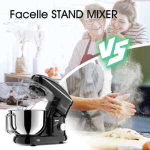 3-IN-1 Electric Stand Mixer, Facelle 6 Speed Kitchen Mixer with Pulse Button, Attachments include 6.5QT Bowl, Dishwasher Safe Beater,Dough Hook,Whisk,Splash Guard for Dough,Baking,Cakes,Cookie (Black)