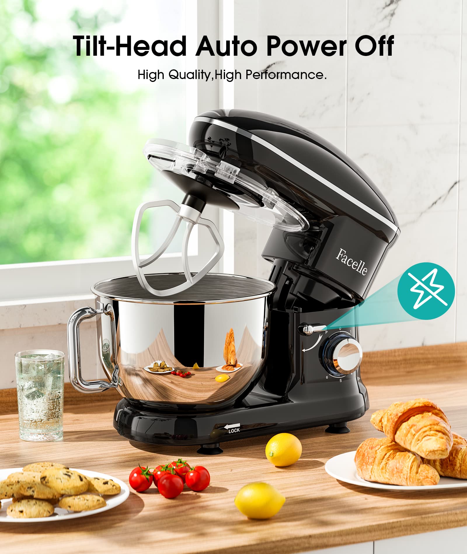 3-IN-1 Electric Stand Mixer, Facelle 6 Speed Kitchen Mixer with Pulse Button, Attachments include 6.5QT Bowl, Dishwasher Safe Beater,Dough Hook,Whisk,Splash Guard for Dough,Baking,Cakes,Cookie (Black)