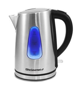 elite gourmet ekt-1271# ultimate 1.7 liter electric kettle – stainless steel design & cordless 360° base, stylish blue led interior, handy auto shut-off function – quickly boil water for tea & more